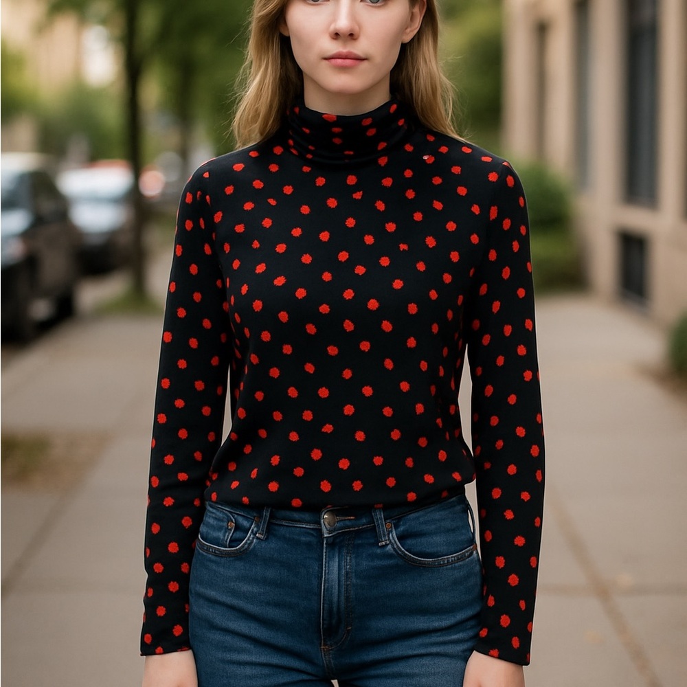 Elegant Black and Red Polka Dot Turtleneck Blouse